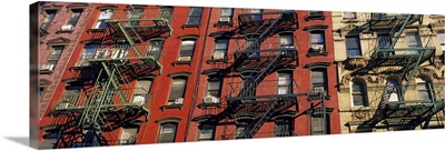 Low angle view of fire escapes on buildings, Little Italy, Manhattan, New York City, New York State