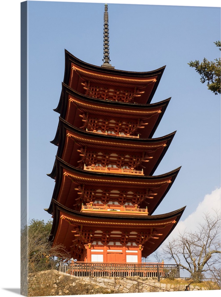 Low angle view of five story pagoda (Gojunoto), Itsukushima Shrine, Miyajima, Hiroshima, Japan