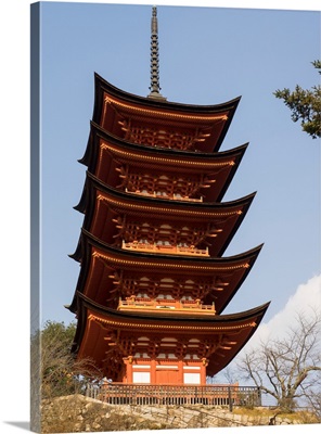 Low angle view of five story pagoda (Gojunoto), Itsukushima Shrine,  Hiroshima, Japan