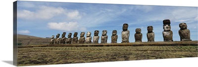 Low angle view of Moai statues in a row, Tahai Archaeological Site, Rano Raraku, Easter Island, Chile
