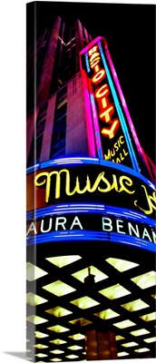Low angle view of neon sign on Radio City Music Hall, Rockefeller Center