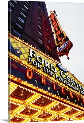 Low angle view of neon signs on a building, Ford Center for the Performing Arts Oriental Theatre, Chicago, Illinois