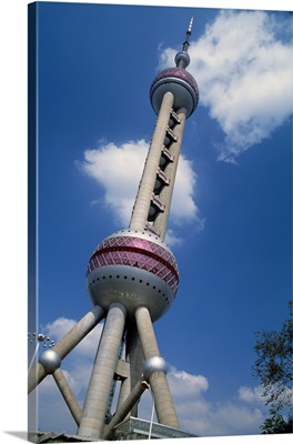 Low angle view of Oriental Pearl TV tower, blue sky, Shanghai, China.