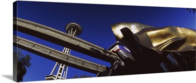 Low angle view of the monorail and Space Needle, Seattle, Washington State