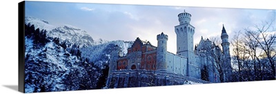 Low angle view of the Neuschwanstein Castle in winter, Bavaria, Germany