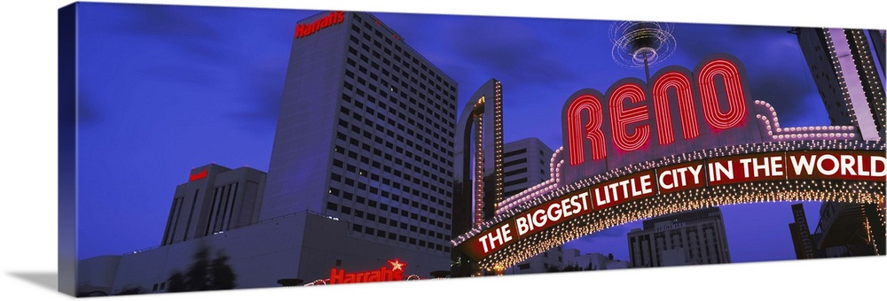 Low angle view of the Reno Arch at dusk, Virginia Street, Reno, Nevada 2013