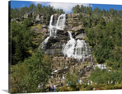 Low angle view of Tvindefossen waterfall, Voss, Hordaland County, Norway