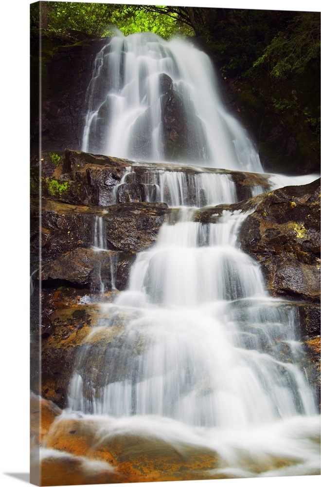 Vertical photograph on a large canvas of Laurel Creek Falls spilling over a rocky hillside in the Great Smoky Mountains Na...