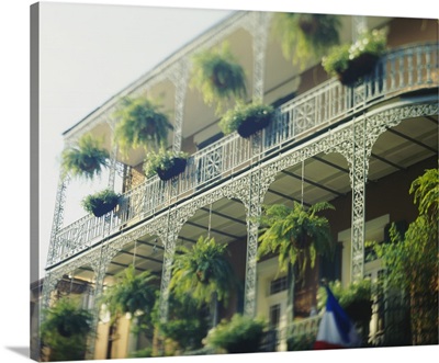 Low angle view of window boxes in the balconies of a hotel, New Orleans, Louisiana