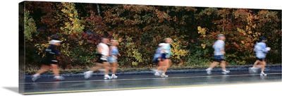 Maine, Mount Desert Island, Acadia National Park, Group of people running marathon