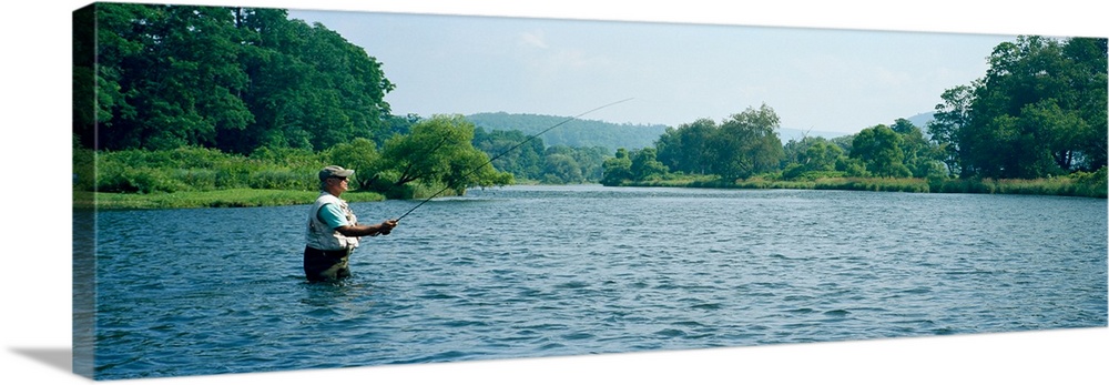 Man fly-fishing in a river, Delaware River, Deposit, Broome County, New York State, USA