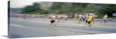 Marathon runners on a road, Boston Marathon, Washington Street, Wellesley, Norfolk County, Massachusetts