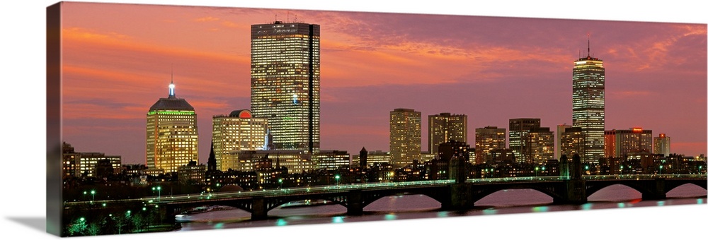 Large horizontal wall picture of the Boston city skyline at dusk with the Charles River Bridge in the foreground.