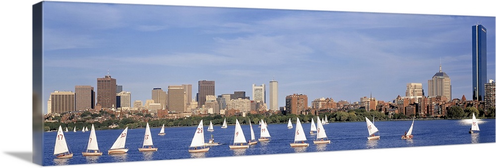 Giant landscape photograph of many sailboats in the Charles River, the Boston skyline in the background.