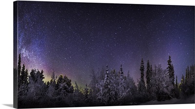 Milky Way Galaxy with Aurora Borealis, Frozen landscape, Lapland, Sweden