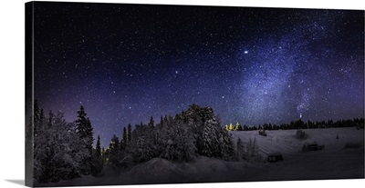 Milky Way Galaxy with Aurora Borealis or Northern Lights. Lapland, Sweden