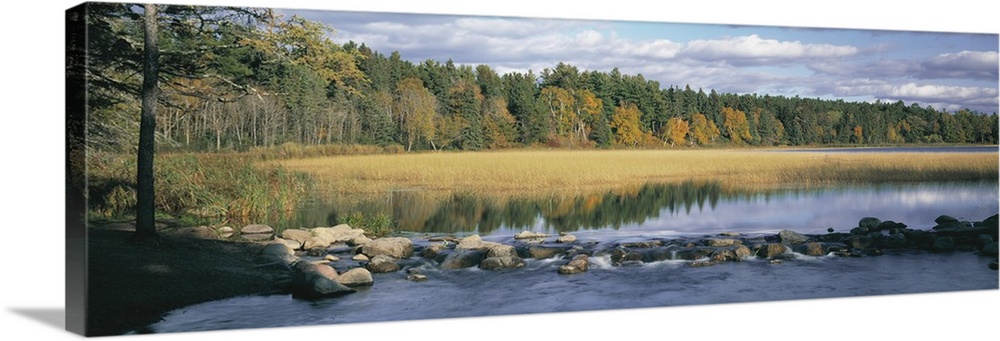 Panoramic photograph of rocky river with forest in the distance under a cloudy sky.