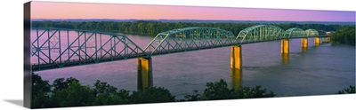 Missouri, High angle view of railroad track bridge Route 54 over Mississippi River