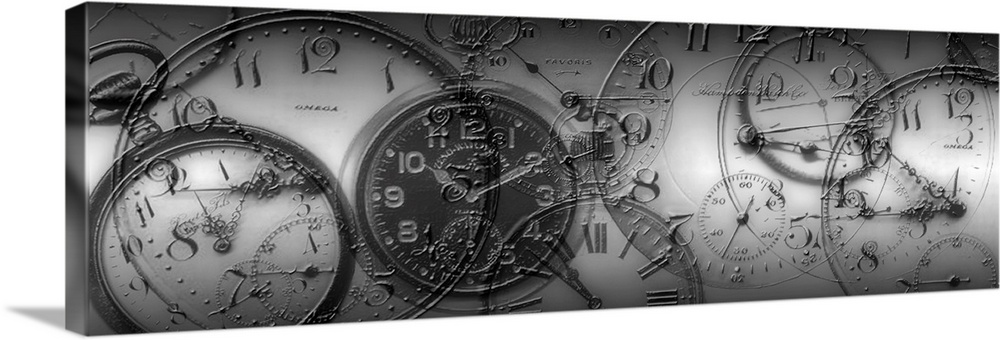 Panoramic monochromatic canvas art shows a collage of antique handheld time pieces layered on top of each other.