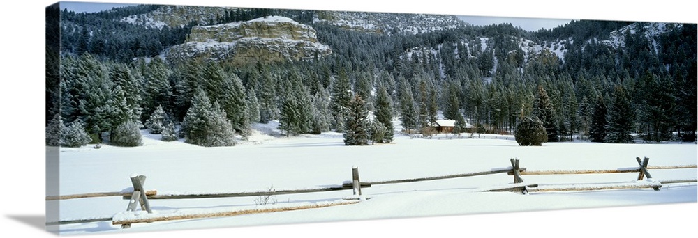 Montana, fence, cabin, snow, winter