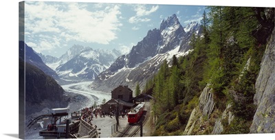 Montenvers Train at railroad station near a glacier Mer de Glace Grandes Jorasses Haute Savoie Rhone Alpes France