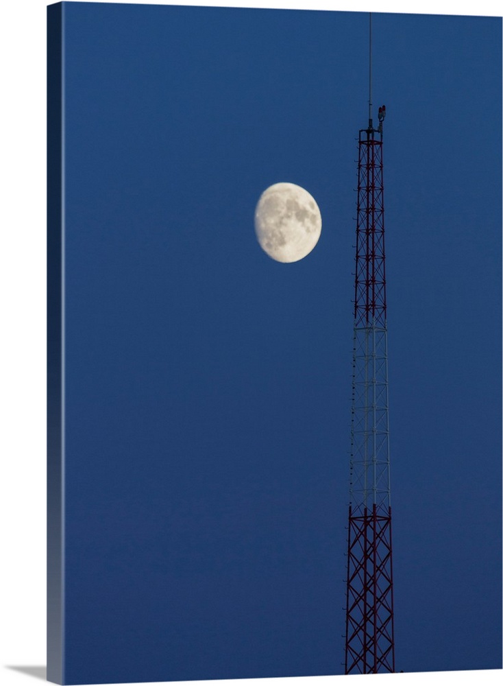 Moon over telecommunications tower, Iceland