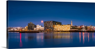 Moonlight Over Reykjavik Harbor, Harpa And Hallgrimskirkja Church, Reykjavik, Iceland