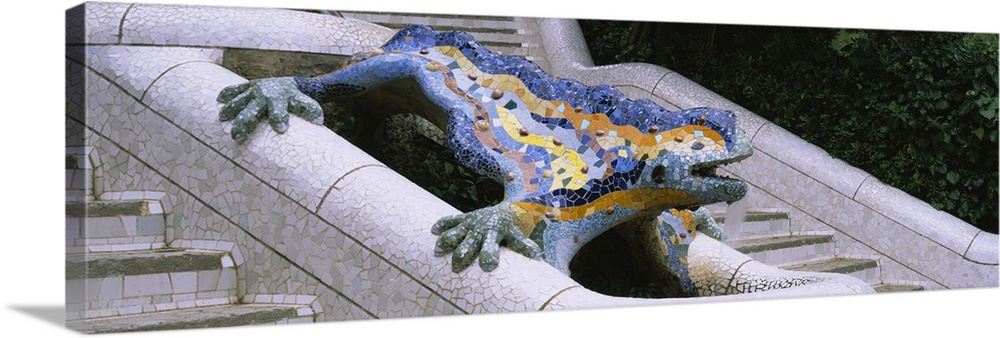 Mosaic of a Dragon on a staircase, Parc Guell, Mt. Carmel, Gracia District, Barcelona, Catalonia, Spain