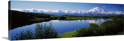 Mount McKinley and Alaska Range, lake reflection, green hills, Denali National Park, Alaska