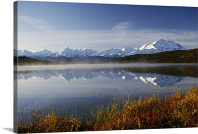Mount McKinley and Alaska Range, water reflection, autumn color foliage, Denali National Park, Alaska