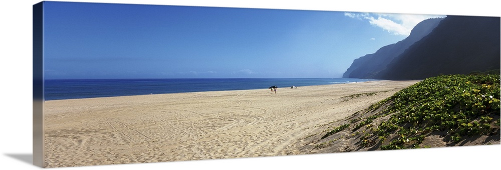 Panoramic image of a beach with mountains on the right and an ocean in the distance.