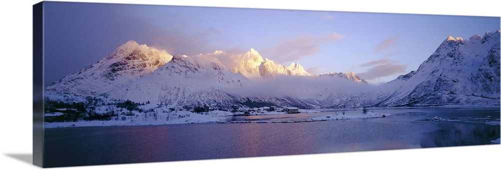 Mountains along a lake, Lofoten, Nordland County, Norway