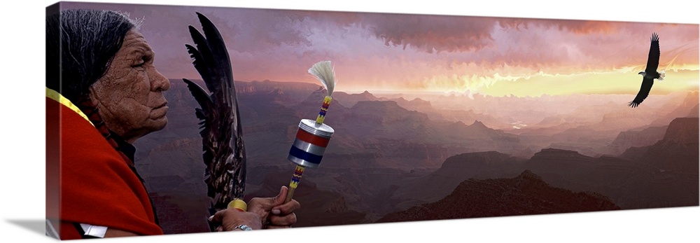 Giant panoramic artwork featuring a Native American figure and flying bird with a vast mountain range in the background.
