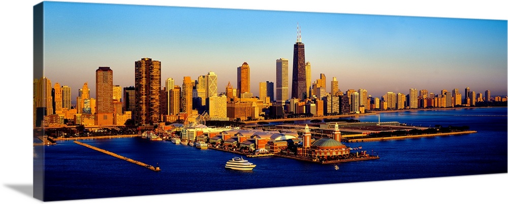 Navy pier in the lake at sunrise, lake michigan, chicago, cook county, illinois, USA.