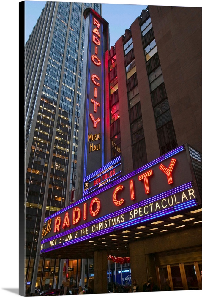 Neon lights of Radio City Music Hall at Rockefeller Center, New York City, New York