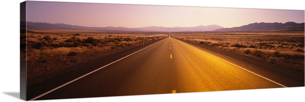Long horizontal canvas photo of a long two lane road going straight into the distance of a desert landscape.