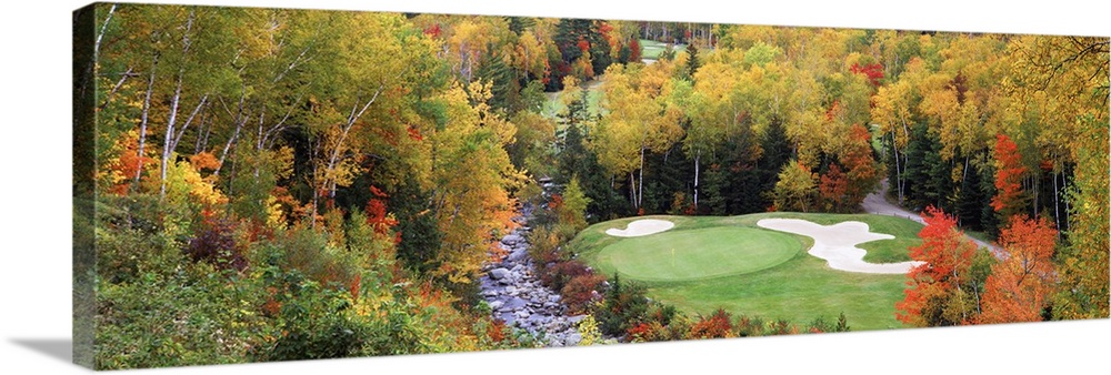 View over the forest canopy of a golf course and sand traps in a clearing surrounded by trees in fall colors.
