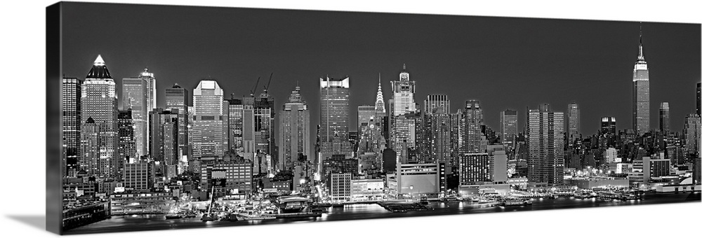 New York City Skyline Night Pink Purple Print PANORAMIC CANVAS WALL ART Picture 