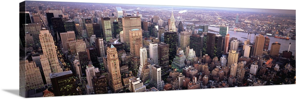Wide angle, aerial photograph of  the New York City skyline.
