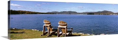 New York State, Adirondack Mountains, Fourth Lake, Chairs on a lawn