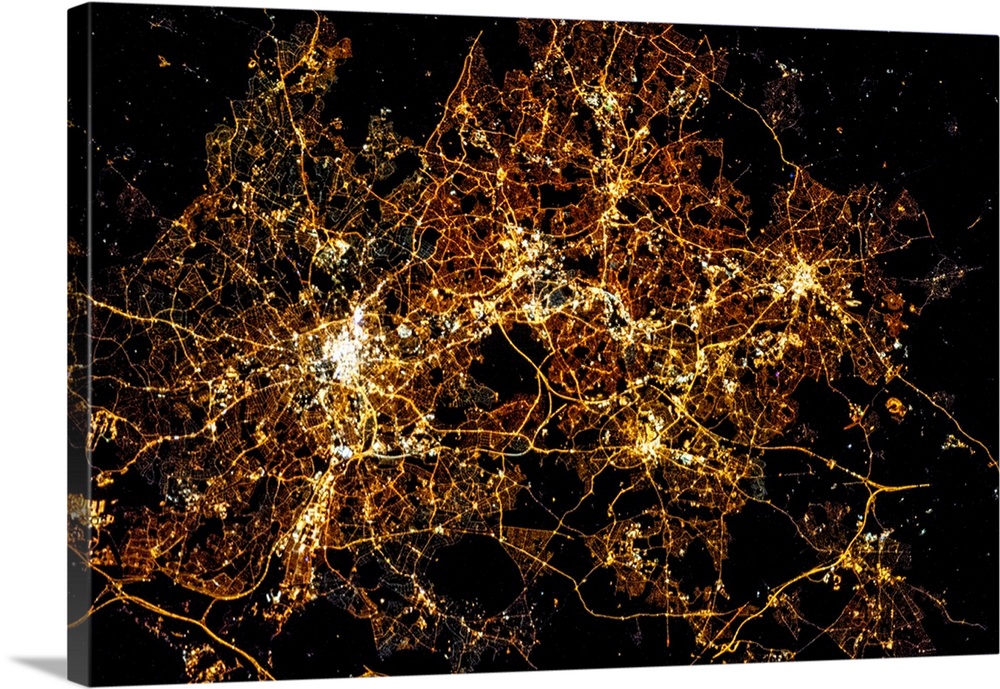 Night time satellite image of a city in England, United Kingdom