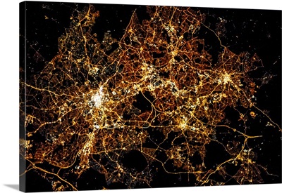 Night time satellite image of a city in England, United Kingdom
