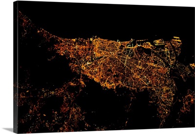 Night time satellite image of Barcelona, Spain