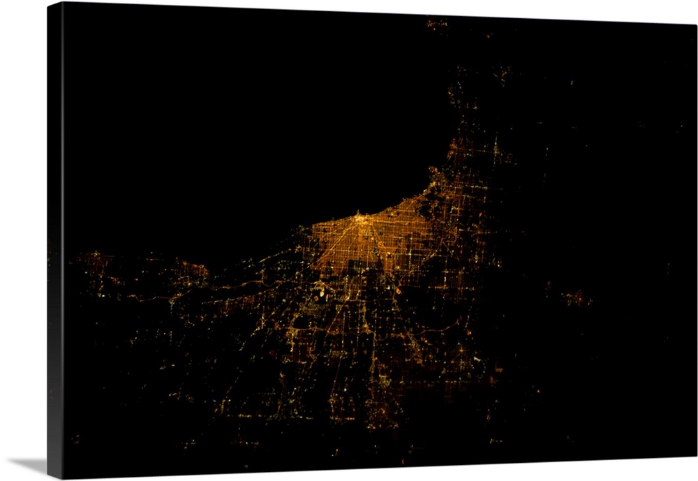 Night time satellite image of Chicago and Lake Michigan, Michigan, USA