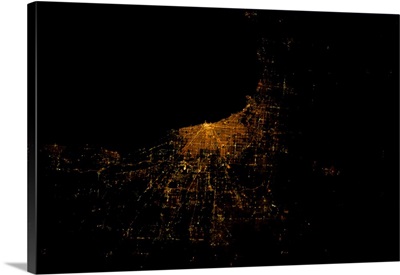 Night time satellite image of Chicago and Lake Michigan, Michigan