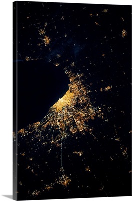 Night time satellite image of Chicago and Lake Michigan, Michigan