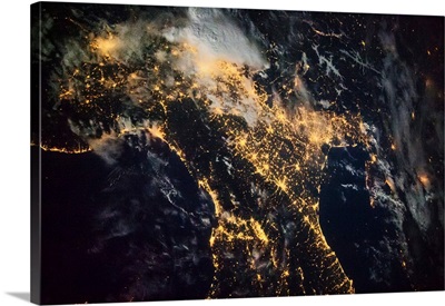 Night time satellite image of Genoa, Italy