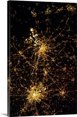 Night time satellite view of Antwerp and Brussels cities, Belgium
