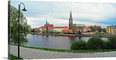 Oder River with a cathedral in the background, Wroclaw, Silesia, Poland