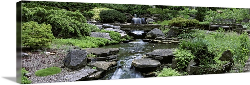 Ohio, Columbus, Inniswood Metro Gardens, River flowing through a forest ...